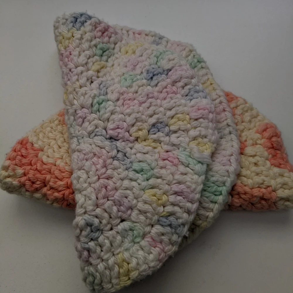 Vintage crochet circular, pastel multi and orange wash cloths with Natural Soaps